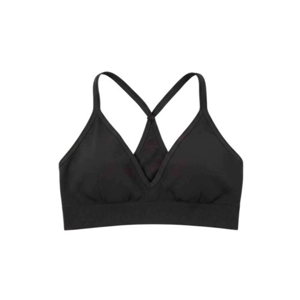NUX Micro Ribbed V-Neck Racerback Cropped Sports Bra Washed Black Medium NWOT